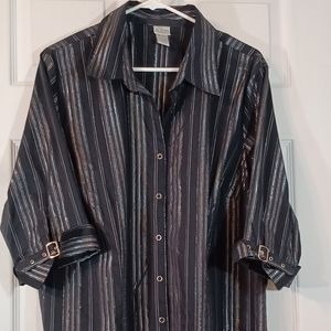 STRETCH blouse womens Size 18/20W black silver stripes snap buckle
